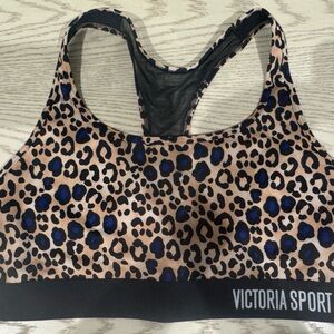 Victoria Sport Leopard Print Sports Bra with Black and Blue Accents